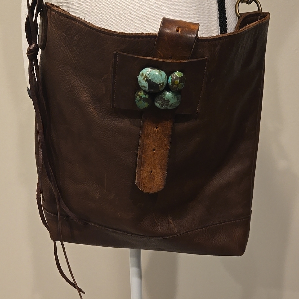 Two Bar West Brown Leather Crossbody Bag with Flap Closure
